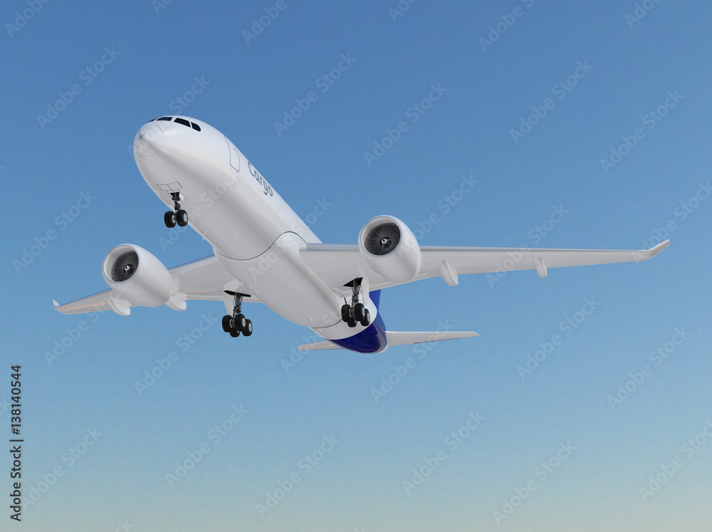 Cargo airplane flying in the sky. 3D rendering image. Cargo airplane flying in the sky. 3D rendering image.