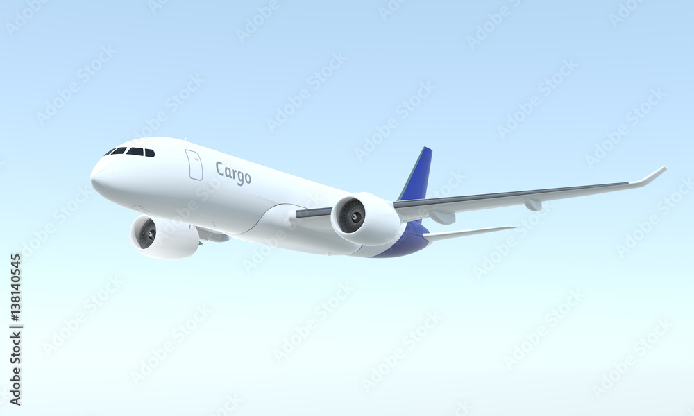 Cargo airplane flying in the sky. 3D rendering image.