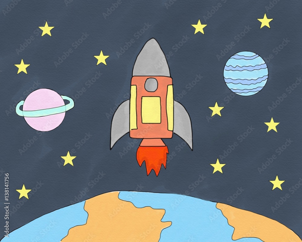 Abstract hand draw doodle rocket in space world with star on paper canvas, illustration for