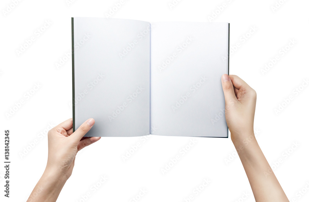 Woman hands holding a blank book for reader with copy space at white background Woman hands holding a blank book for reader with copy space at white background