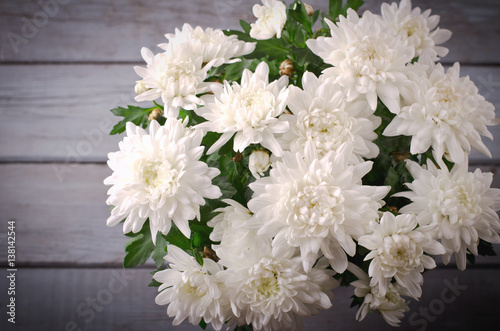 White Chrysanthemum in flower pot on grey wooden backround