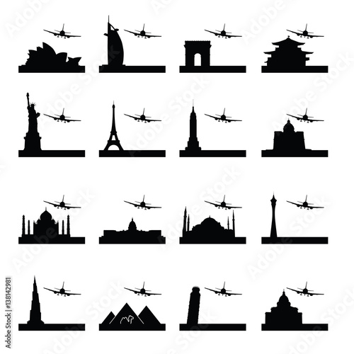 famous ancient monument set in black color illustration