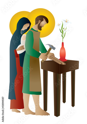 Holy family of Jesus, Mary and St Joseph the worker. Artistic abstract religious design.