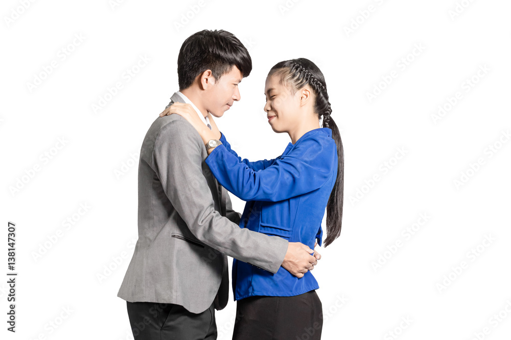 portrait of a beautiful asian couple in love smiling and hugging for kiss. Isolated on white background with copy space portrait of a beautiful asian couple in love smiling and hugging for kiss. Isolated on white background with copy space