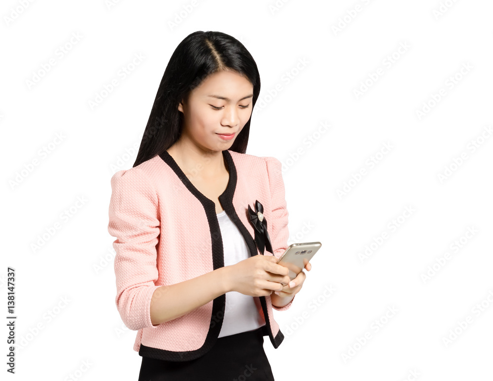 Portrait of a beautiful asian woman looking on smart phone. Isolated on white background with copy space Portrait of a beautiful asian woman looking on smart phone. Isolated on white background with copy space