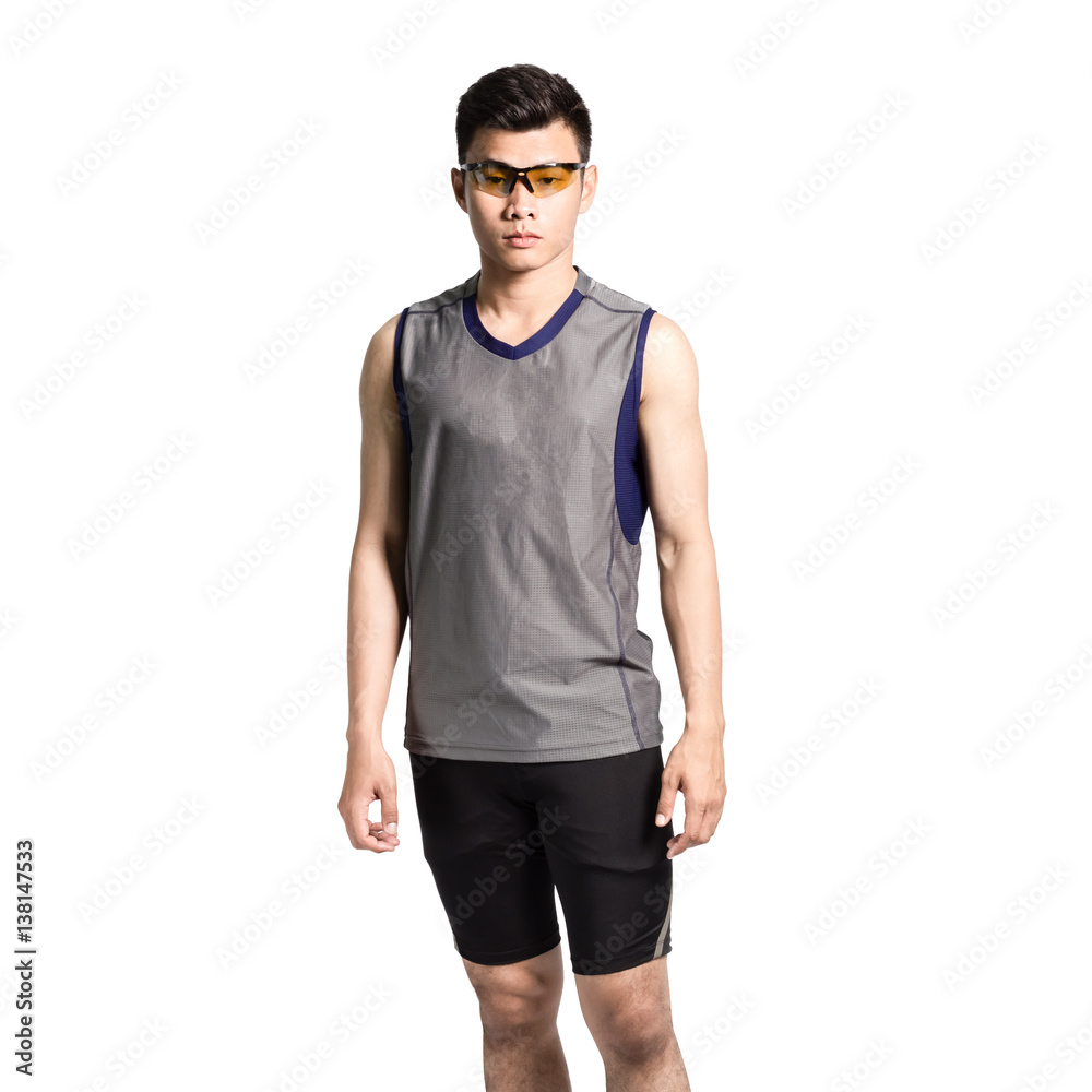 Portrait of an asian sport man wearing sunglasses and sportswear. Isolated on white background Portrait of an asian sport man wearing sunglasses and sportswear. Isolated on white background