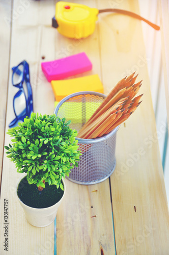 Wallpaper Mural Close-up a little tree decorate on working table with a business stuff business concept Torontodigital.ca
