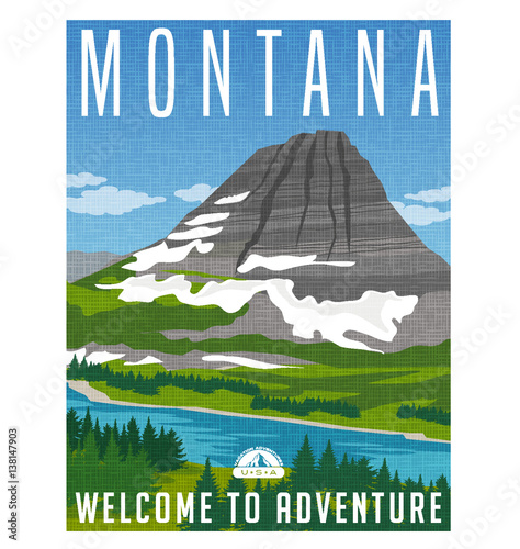 Montana travel poster. Vector illustration of snowy mountain, river and forest. 