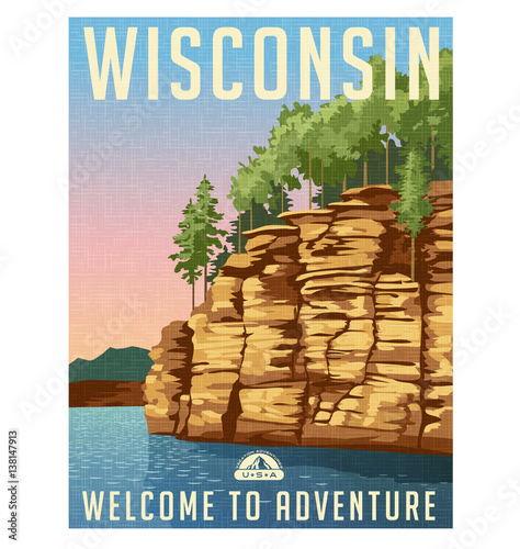 Wisconsin travel poster. Vector illustration of sandstone bluffs on the Wisconsin River. 