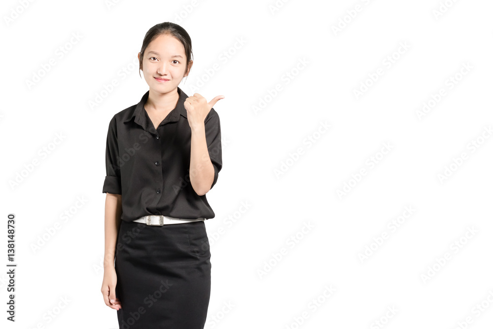 Portrait of a beautiful asian business woman smiling in black uniform. Isolated on white background with copy space Portrait of a beautiful asian business woman smiling in black uniform. Isolated on white background with copy space