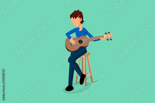 Guitarist playing guitar, artist sitting on bench performing his work