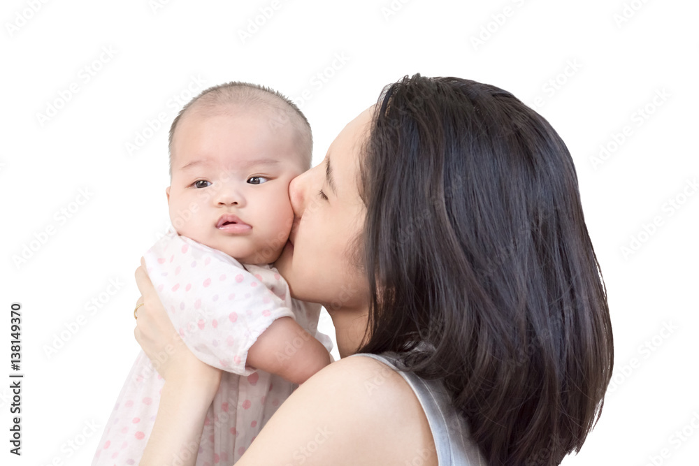 Portrait of happy asian mother kissing and hugging her cute little baby. Isolated on white background Portrait of happy asian mother kissing and hugging her cute little baby. Isolated on white background