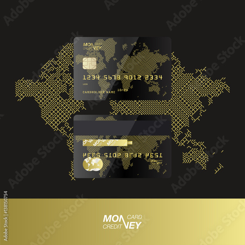 Black and Gold credit card. Front and back side of the card against the background of the digital world map. Vector illustration EPS 10