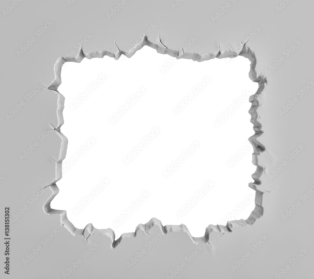 3d rendering of a grey plaster wall with a large square sharp-edged hole in the middle.