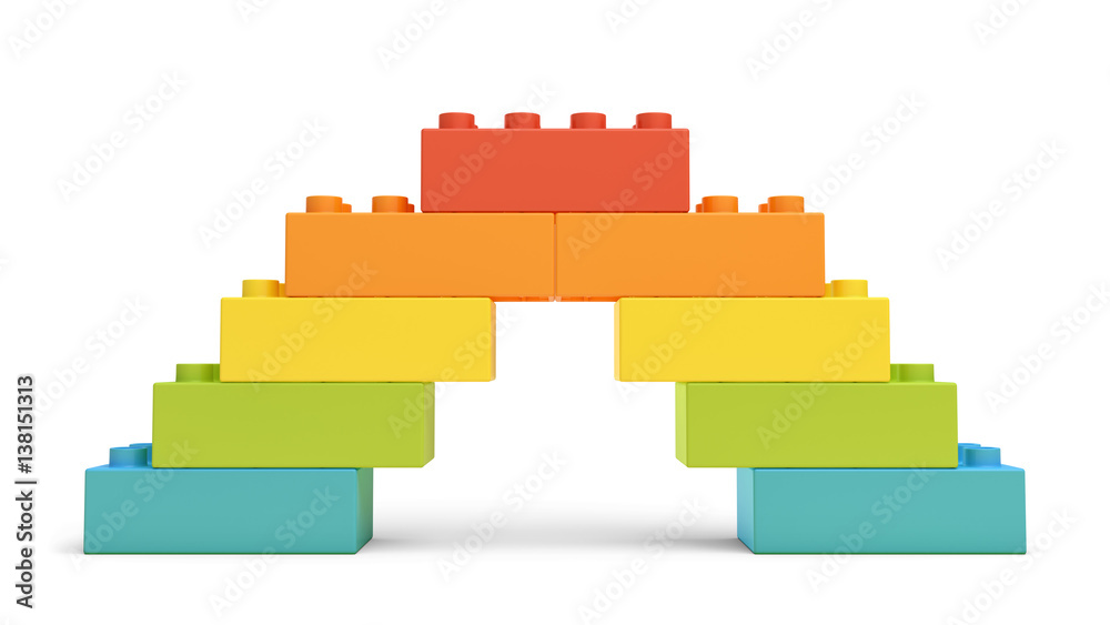 Fototapeta premium 3d rendering of multi-colored toy blocks making up a rainbow bridge.