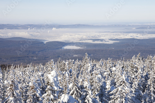 Zyuratkul, winter landscape. Fir trees and Satka town far away