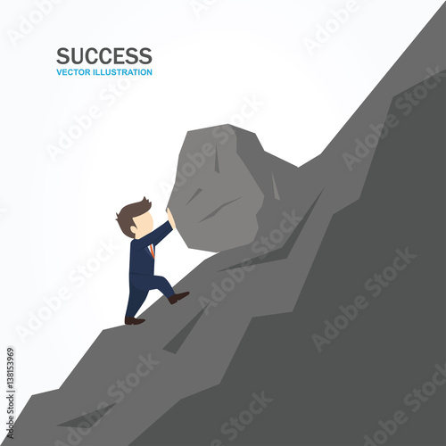 Foto Business man pushing a huge stone uphill. Success Concept.