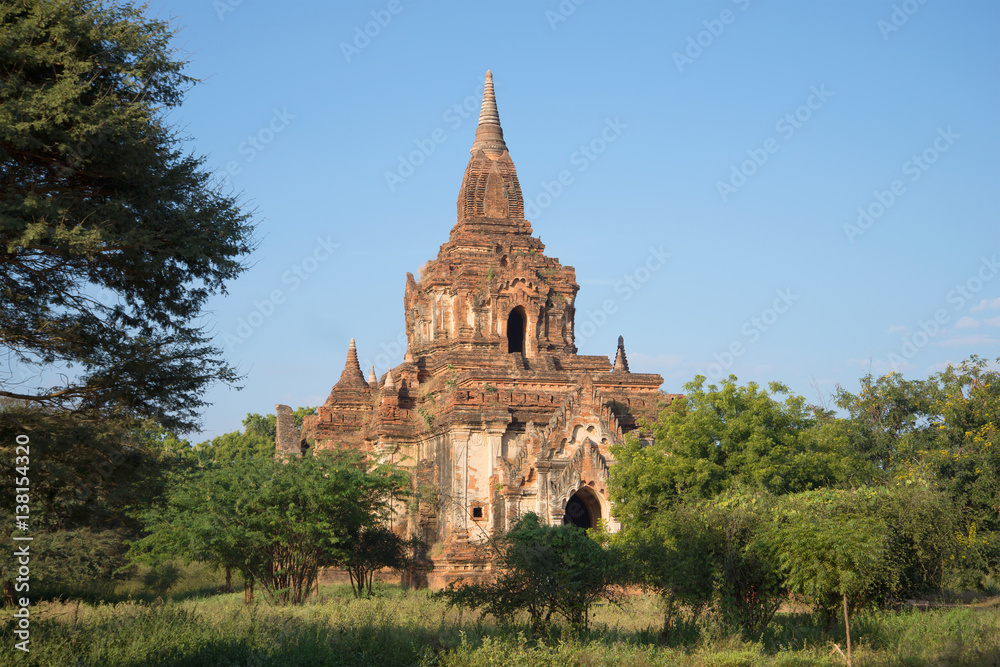Fototapeta premium One of the temples of ancient Bagan in the bush on a sunny day. Myanmar