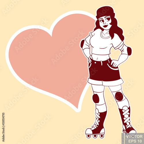 Cute chubby plus size plump girl Roller beautiful funny sports character skating. clip-art cartoon vector illustration