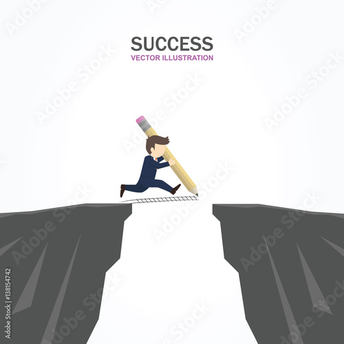 Businessman use his pencil draw a way to cross the abyss. Success Concept.