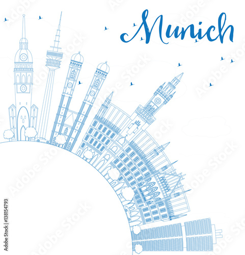 Outline Munich Skyline with Blue Buildings and Copy Space.