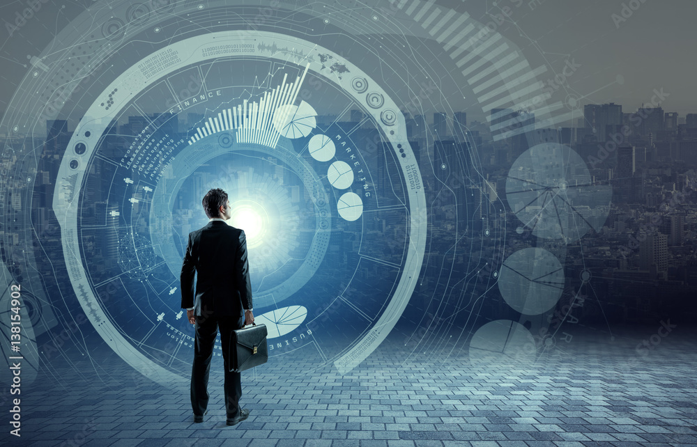business person back view and futuristic interface, smart city, internet of things, information communication technology, abstract image visual business person back view and futuristic interface, smart city, internet of things, information communication technology, abstract image visual