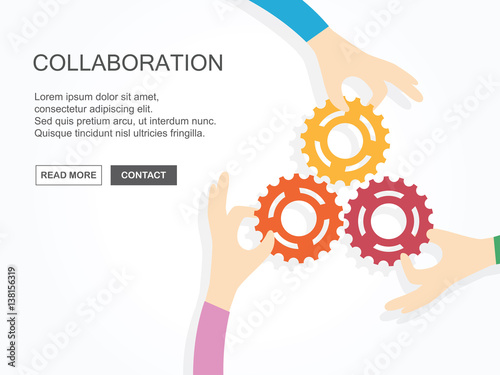 Three hands holding gears together. Teamwork, partnership, business, cooperation and management concept.