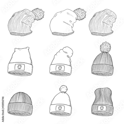 Vector Set of Sketch Winter Caps