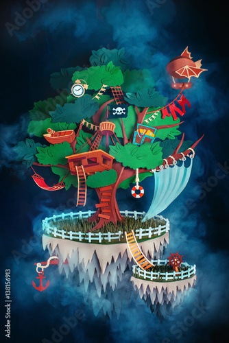 Pirate treehouse on a floating island made from paper