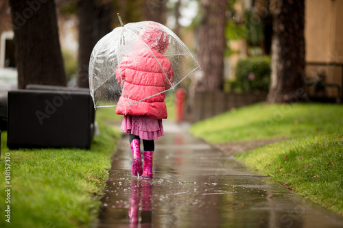 A young girl is playing in the much needed California rain.