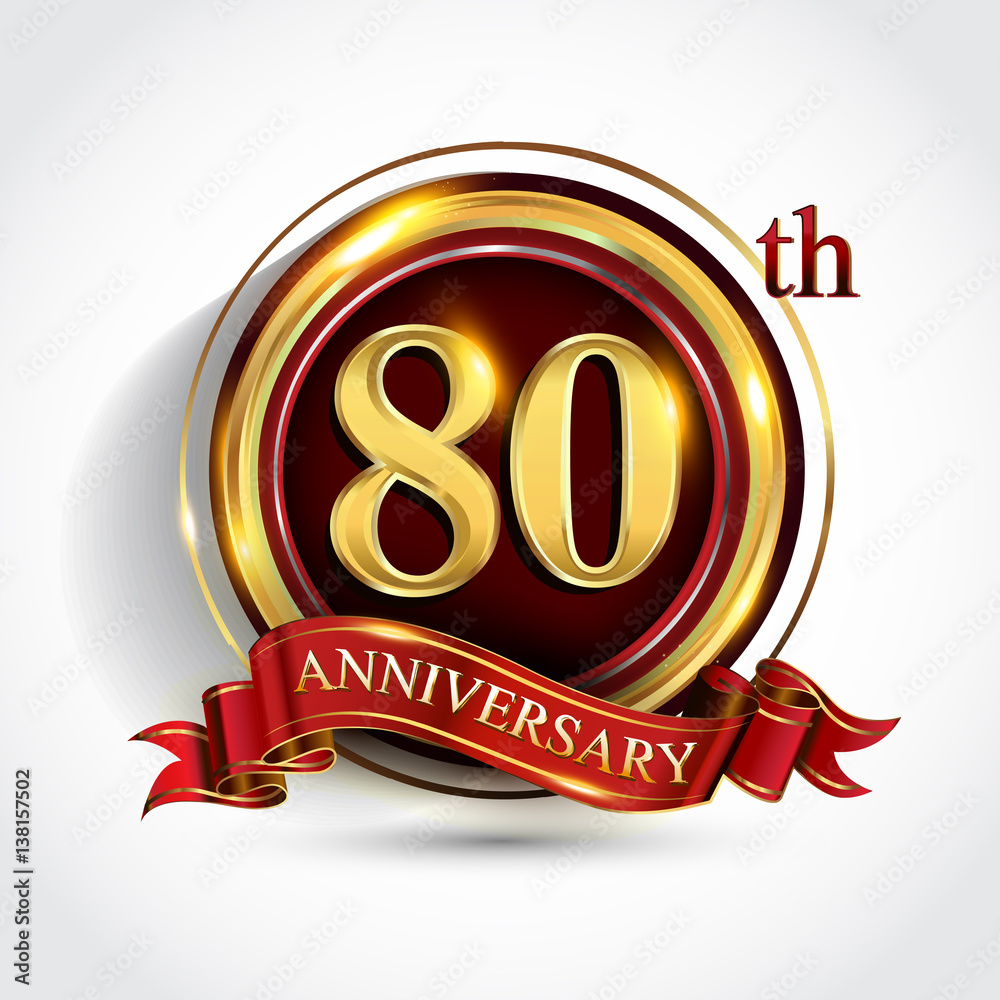 80th anniversary logo with ring and ribbon golden colored isolated on