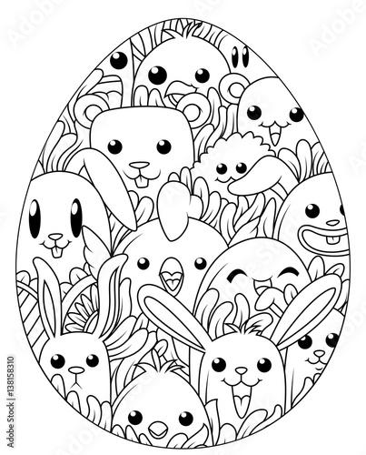 Hand drawn easter eggs for coloring book for adult and cute cartoon elements