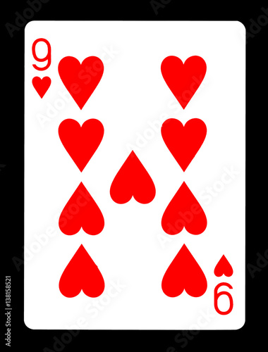 Nine of hearts playing card, isolated on black background.