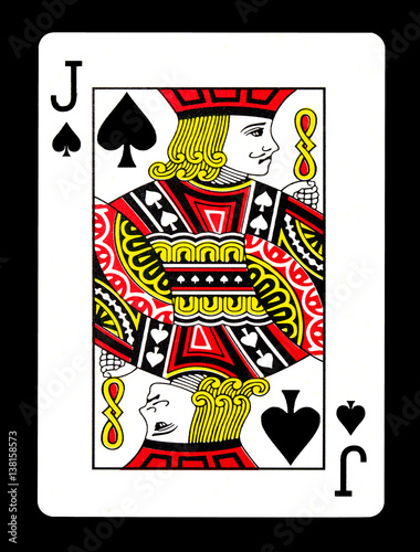 Jack of spades playing card, isolated on black background.