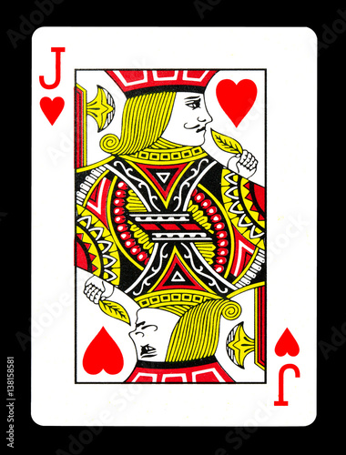 Jack of hearts playing card, isolated on black background.