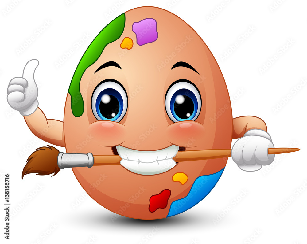 Obraz premium Funny brown easter egg painter gives a thumbs up while biting a brush