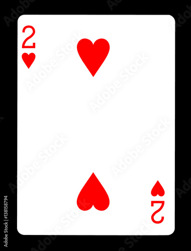 Two of hearts playing card, isolated on black background.