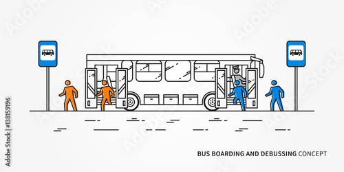 Bus boarding and debussing vector illustration. Public transport with driver and people (passengers), who come in and come out bus.