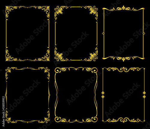 Ornate golden vector frames set over black background