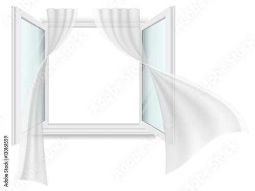 Open window and fluttering curtains. Vector detailed illustration. Isolated on white background.