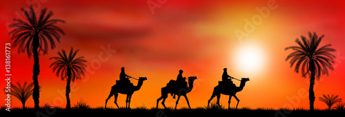 Caravan of camels at sunset