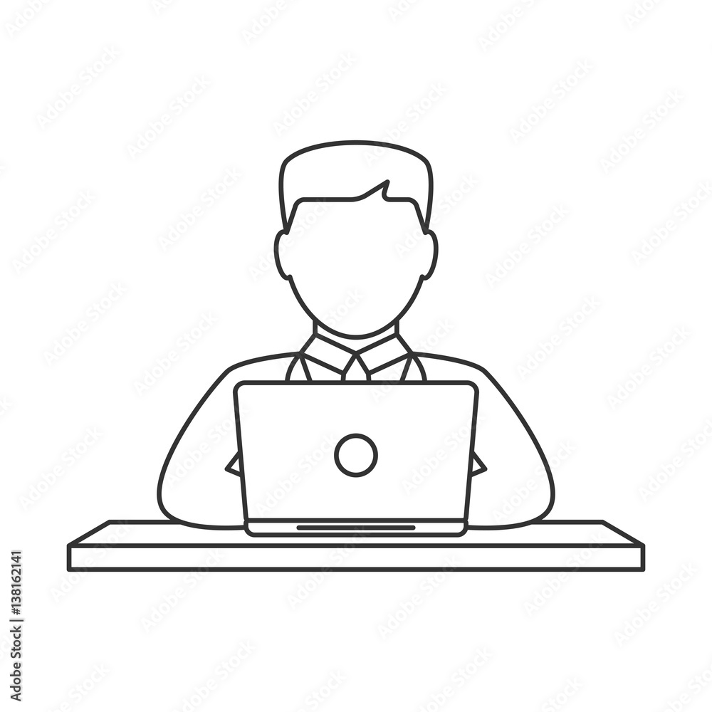 Man working on laptop line icon