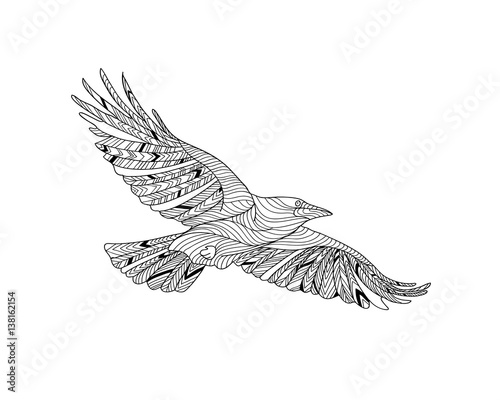 Hand-drawn crow with ethnic pattern. Coloring page - zendala, design for spiritual relaxation for adults, vector illustration, isolated on a white background.