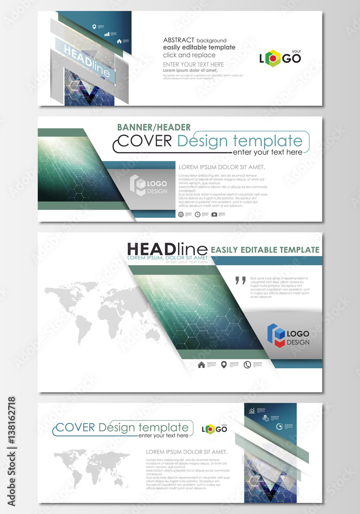 Social media and email headers set, modern banners. Business templates. Abstract design template, vector layout. Chemistry pattern, hexagonal molecule structure. Medicine, science, technology concept.