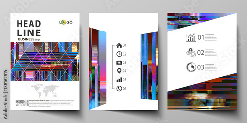 Business templates for brochure, magazine, flyer, annual report. Cover design template, abstract vector layout in A4 size. Glitched background made of colorful pixel mosaic. Trendy glitch backdrop.
