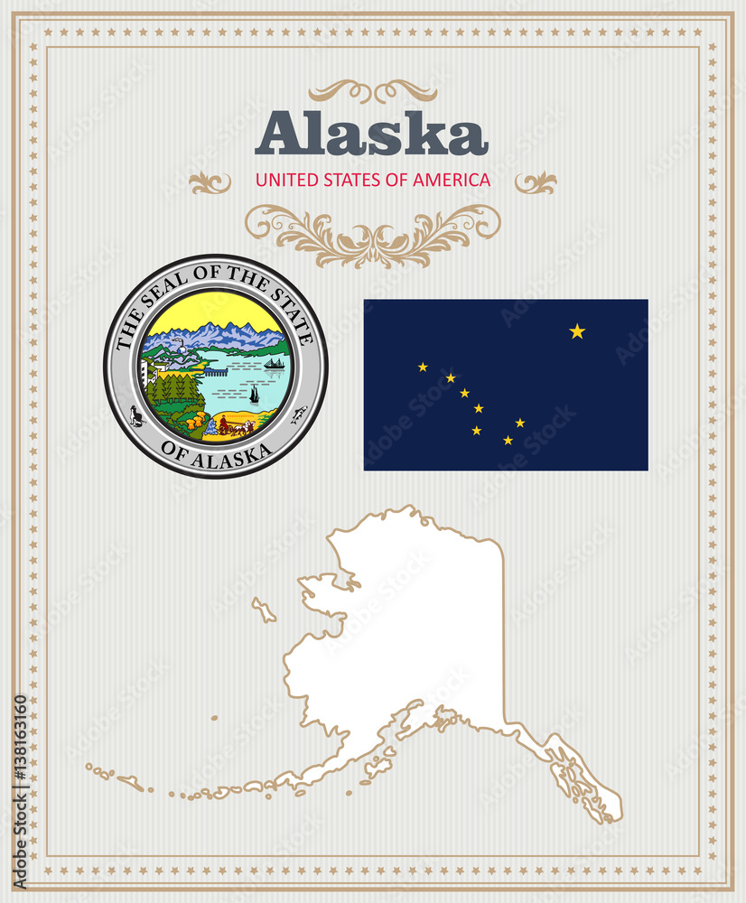 High detailed vector set with flag, coat of arms, map of Alaska. American  poster. Greeting card from United States of America. Colorful design Stock  Vector | Adobe Stock