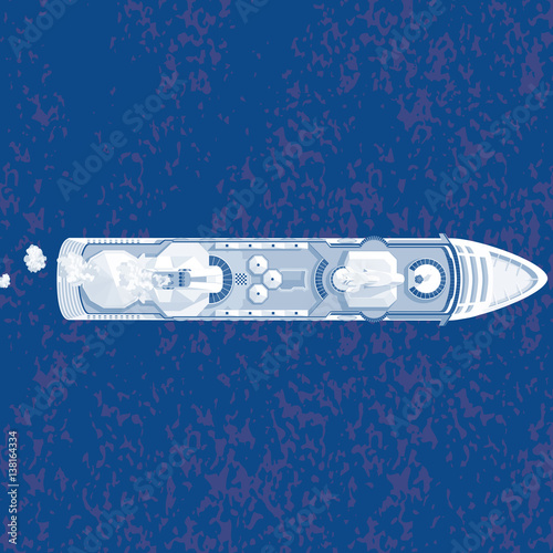 Technical top view illustration of a cruise ship.
