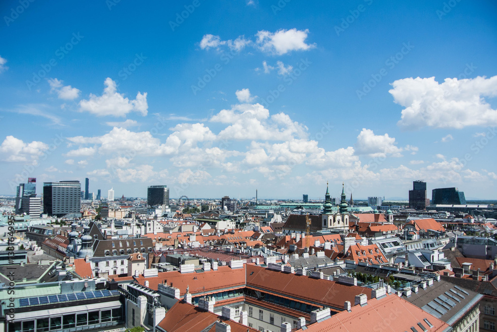 VIENNA, AUSTRIA - JULY 29, 2016: Panoramic view to Vienna city center from St. Stephen's Cathedral tower on summer sunny day.
