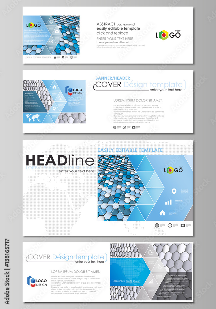 Social media and email headers set, modern banners. Easy editable templates, vector layouts in popular sizes. Blue or gray color hexagons in perspective. Abstract polygonal style background.