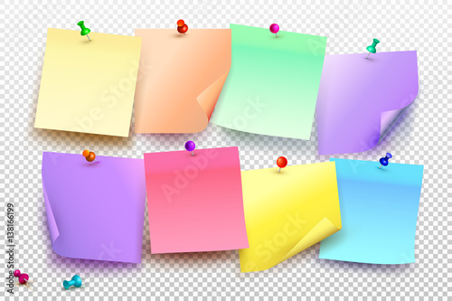 Collection of different colored sheets of note papers with curled corner and push pin, ready for your message. Vector illustration. Isolated on transparent background.